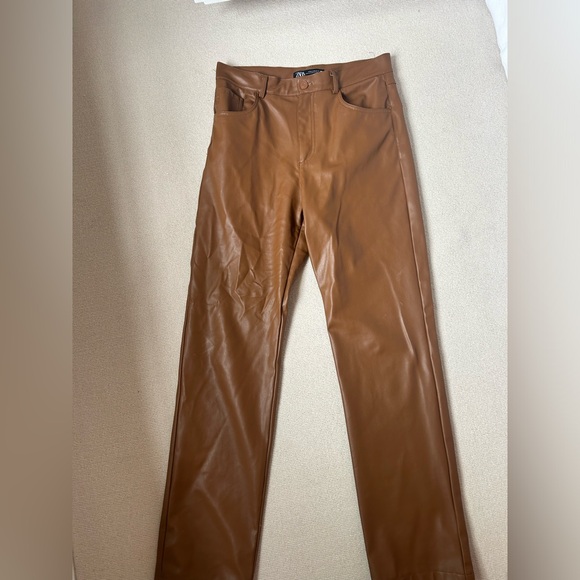 Zara Brown Leather Pants High Rise - Picture 1 of 3